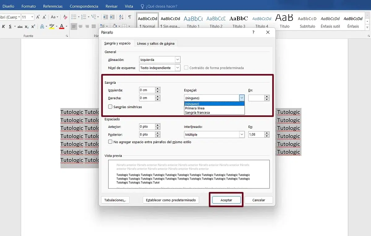 configurar la sangría en Word