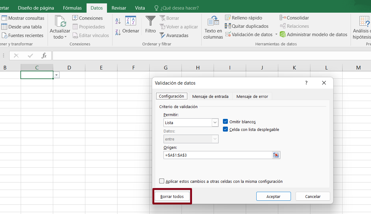 paso 2 para eliminar los datos de origen de una lista desplegable en excel