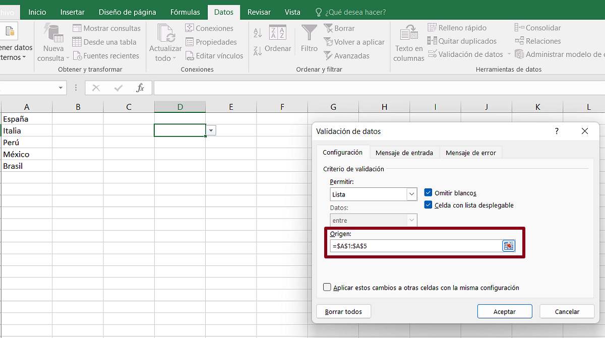 paso 3 para modificar una lista desplegable existente en excel