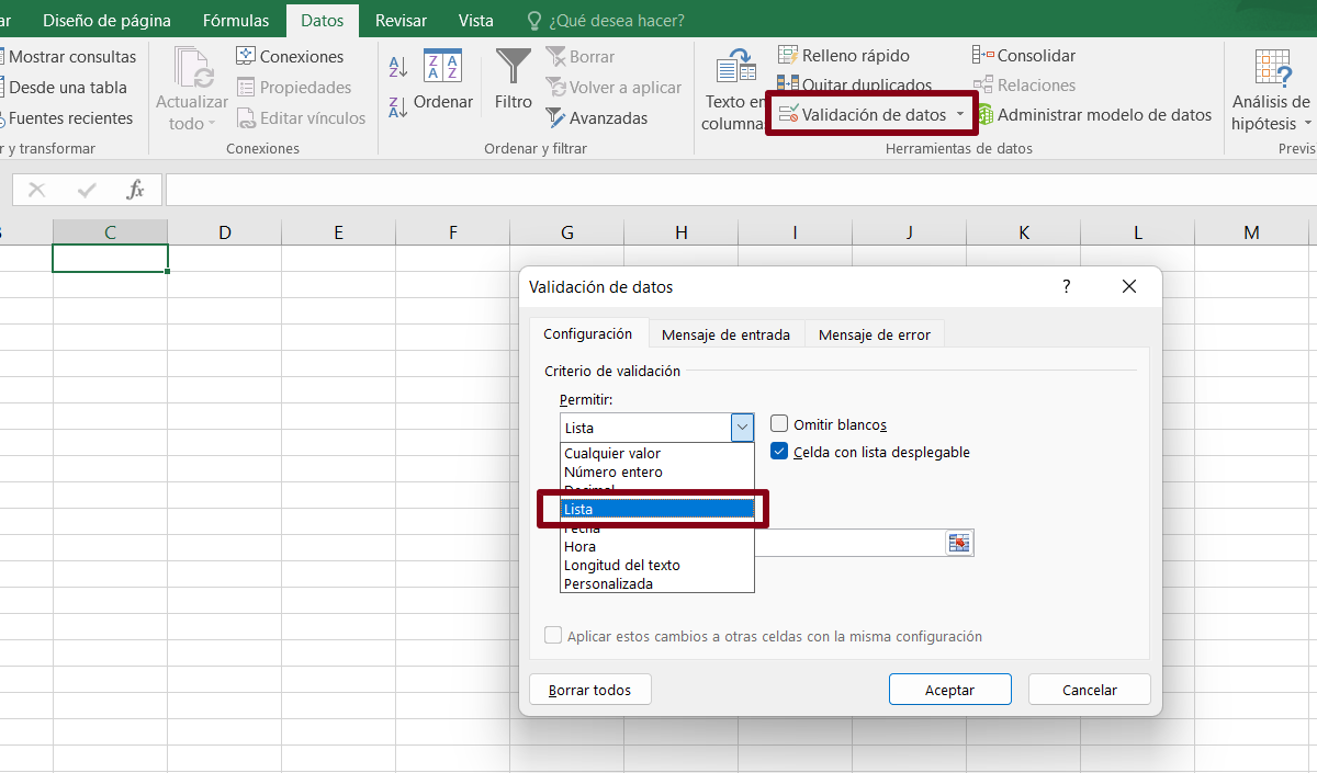 paso 2 para insertar una lista desplegable en excel